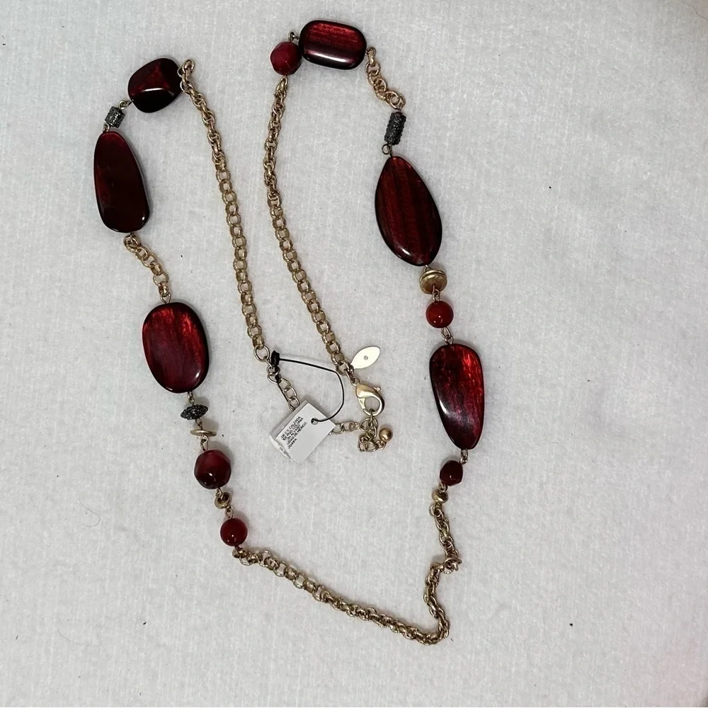 New Chicos gold tone long necklace with chunky ruby red beads, adjustable length